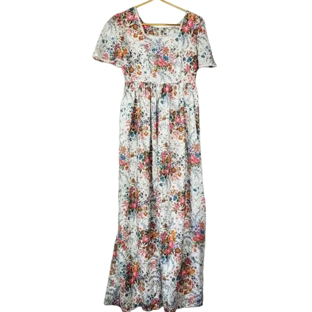 Vintage Handmade Cottagecore Floral Empire Waist Short Sleeve Maxi Dress